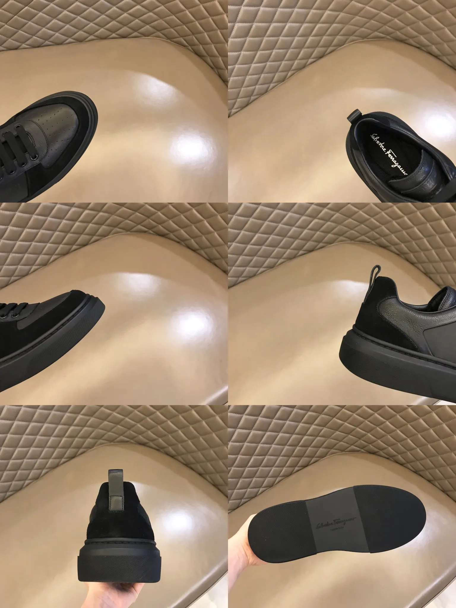 p420 "Salvatore Ferraga**" men's low-cut fashion sneakers. This casual shoe has a novel structure and is made of soft calfskin. The contrasting color elements on the upper highlight the bold and avant-garde atmosphere. The first-layer cowhide lining is high-end and comfortable. Energetic and fresh, these shoes can be worn with casual looks or add a touch of street style to elegant trousers.  Size: 38-44